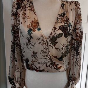 $300 NWT L’agence  V-Neck Blouse leopard floral, stunning!! XS body suit